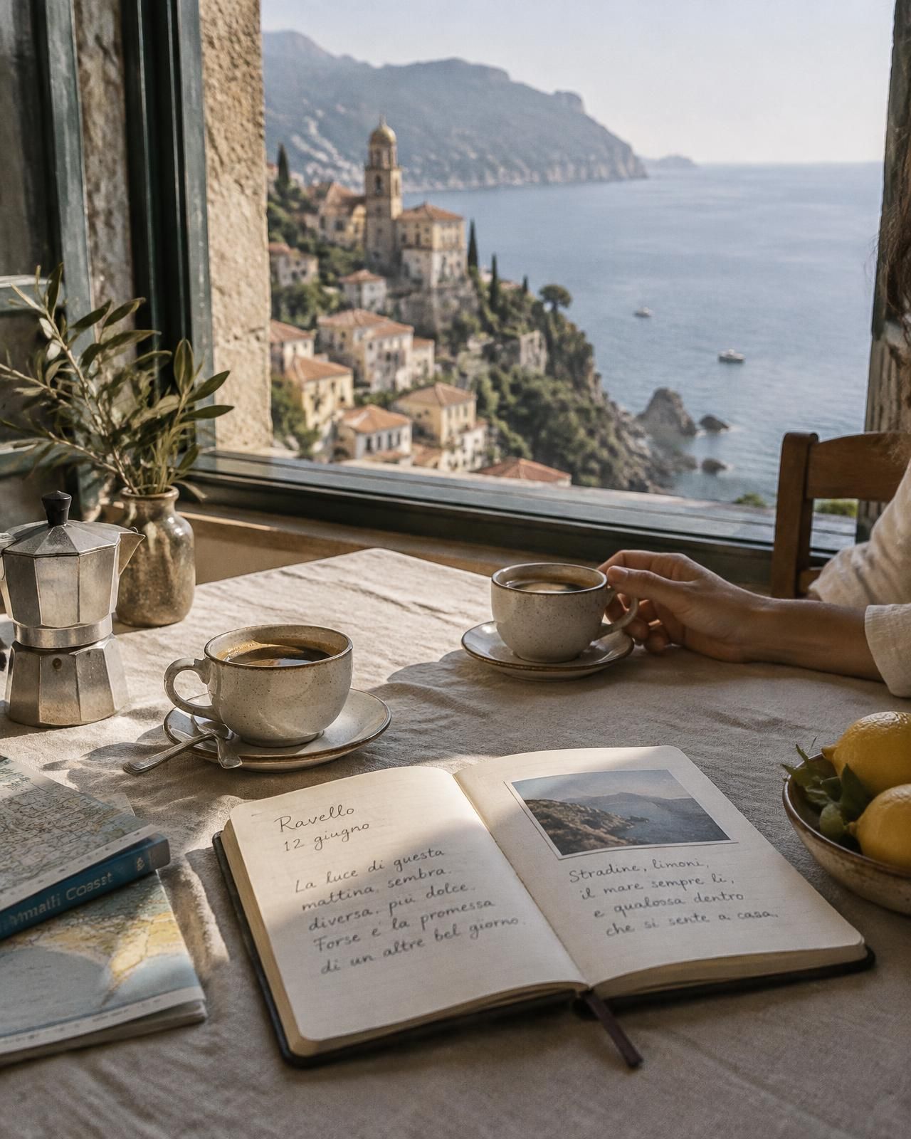 Morning coffee and a travel journal beside a window overlooking the coast