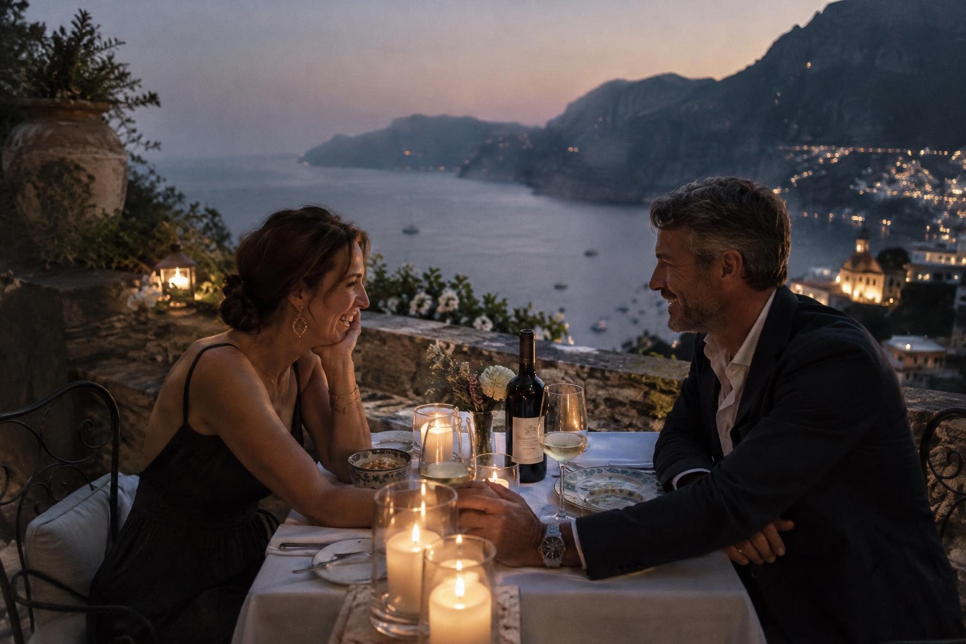 A couple holding hands at a candlelit dinner on a terrace above the Amalfi Coast