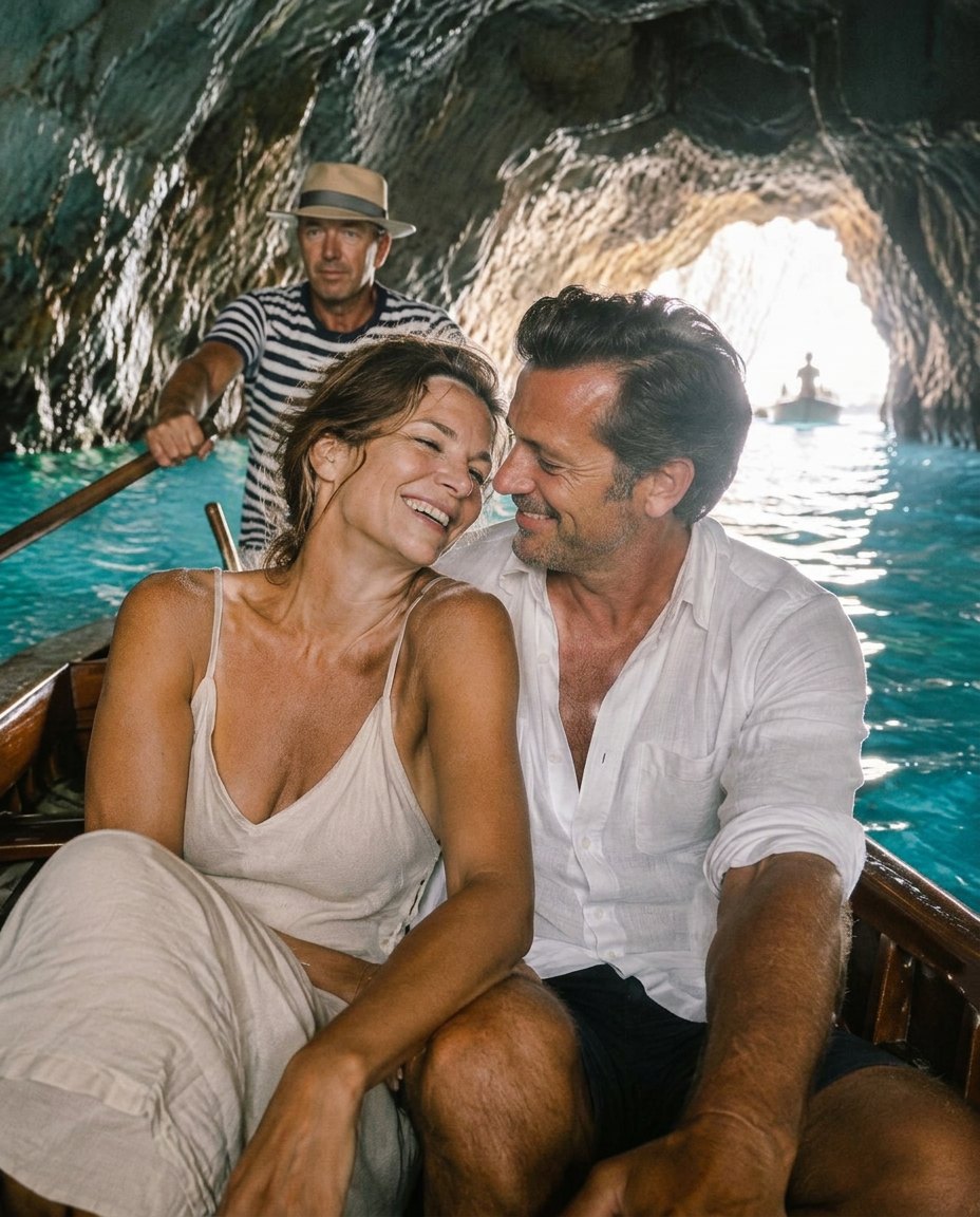 A couple laughing together in a small wooden boat inside a glowing sea grotto